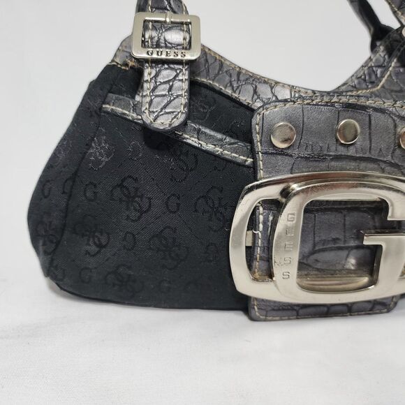 Guess Vintage Black Logo Mini Shoulder Bag Silver G Buckle Croc Embossed Y2K - Picture 2 of 13